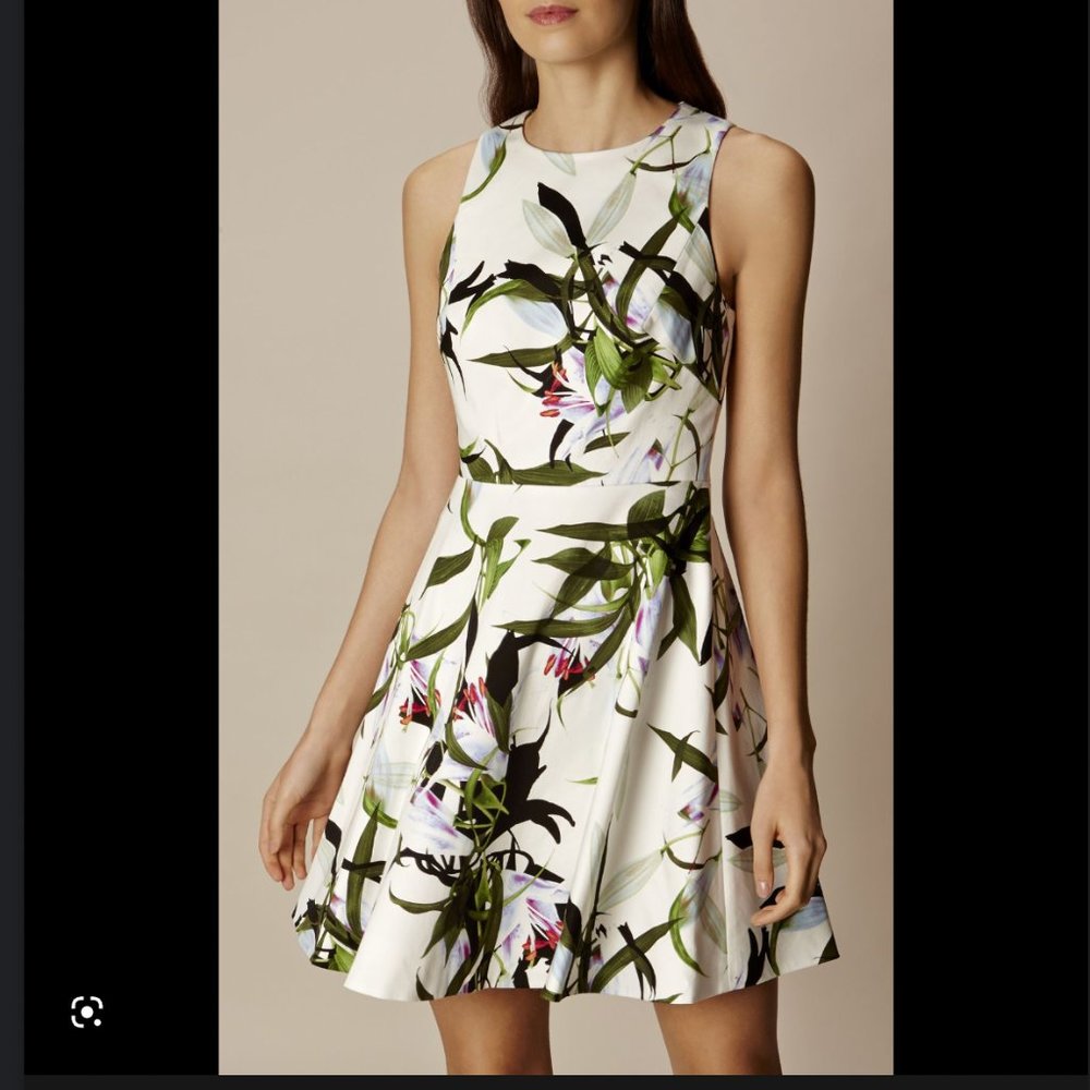 Karen Millen Tropical Lily Print Dress, White/Multi sz 8